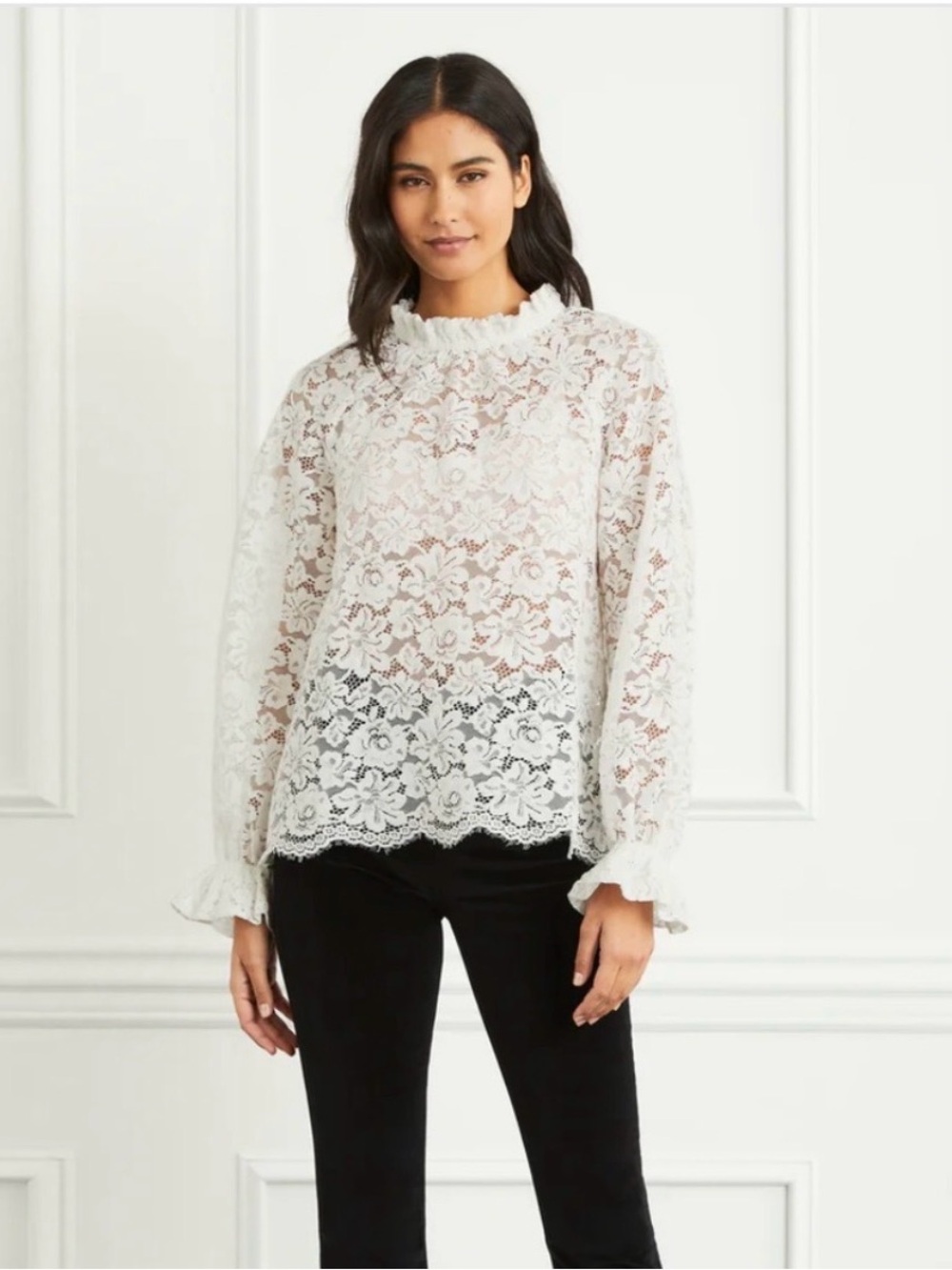 Hill House Home - The Millie Top - Sheer White Floral Lace Ruffle-Neck Blouse SM